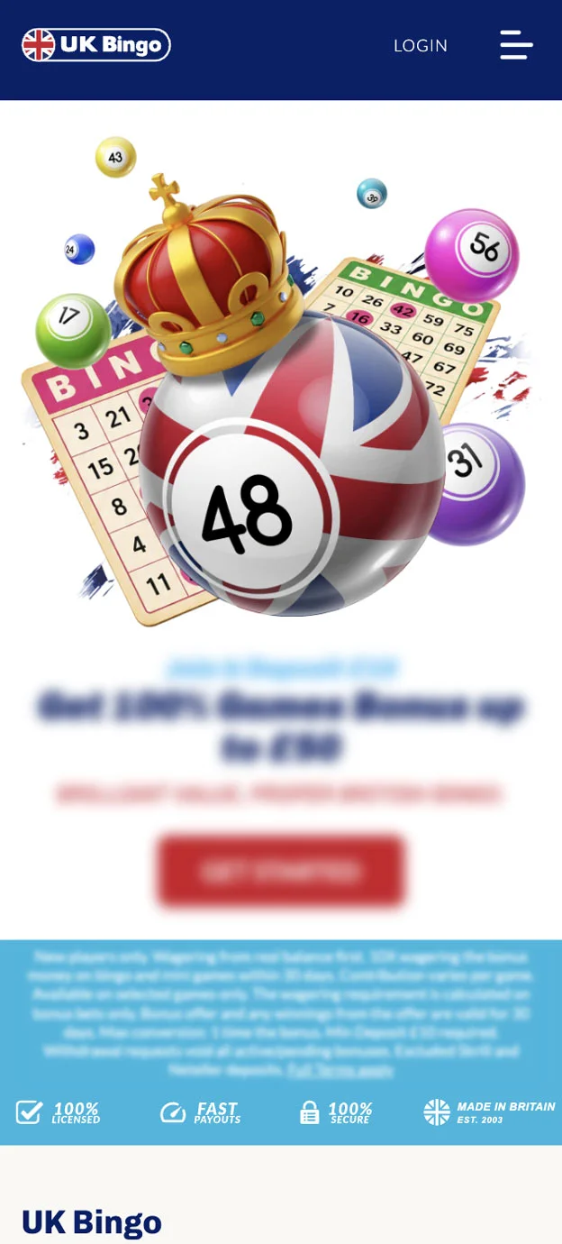 UK Bingo Casino Homepage Mobile Device View