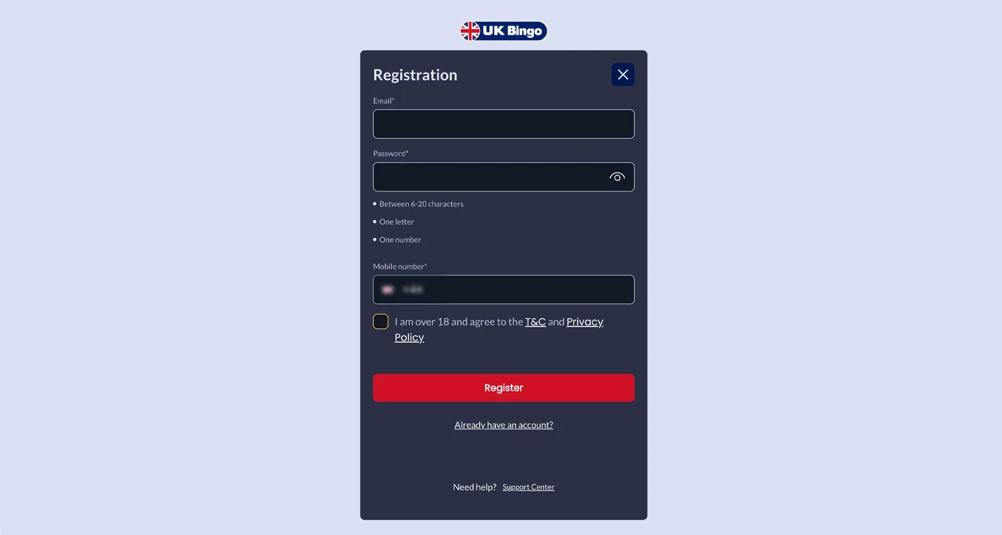 UK Bingo Casino Registration Form Step 1 Desktop Device View