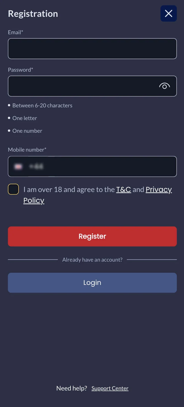 UK Bingo Casino Registration Form Step 1 Mobile Device View
