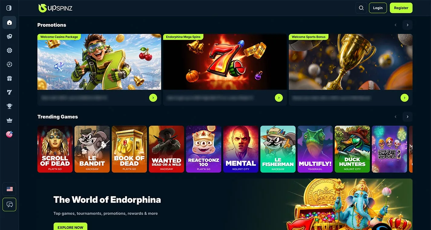 UpSpinz Casino Homepage Desktop Device View