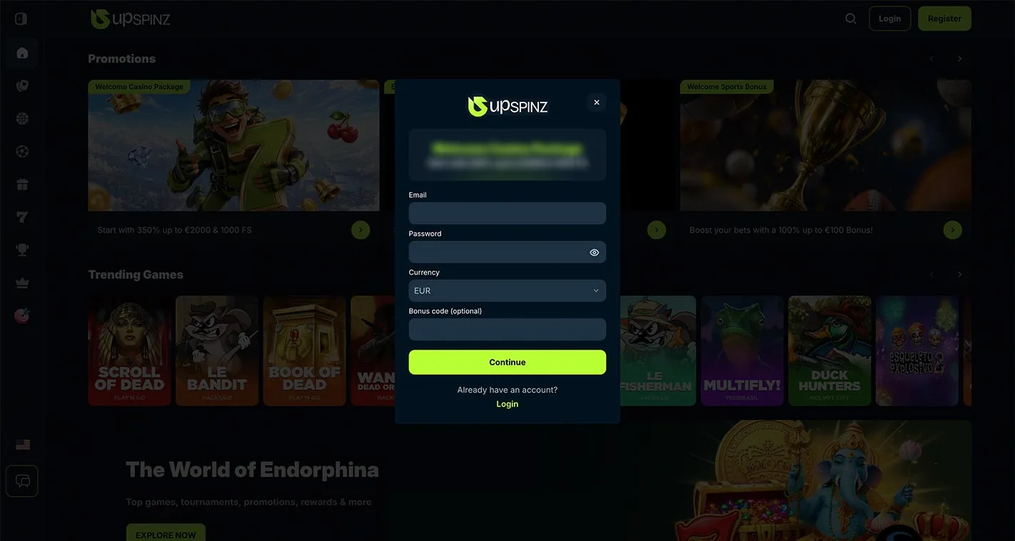 UpSpinz Registration Form Step 1 Desktop Device View