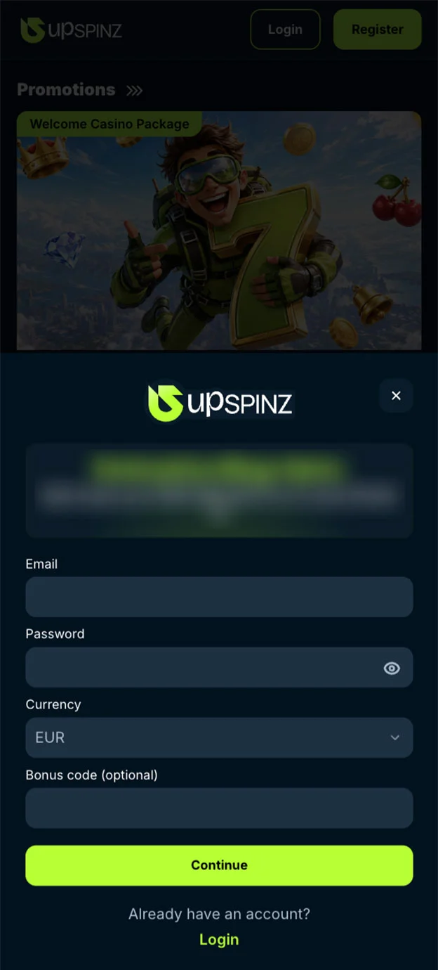 UpSpinz Registration Form Step 1 Mobile Device View