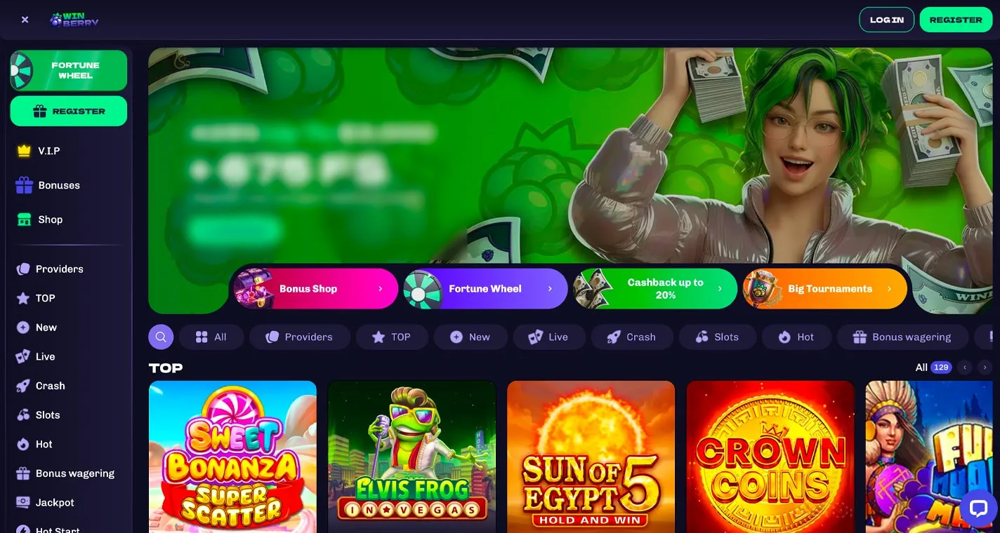 Winberry Casino Homepage Desktop Device View