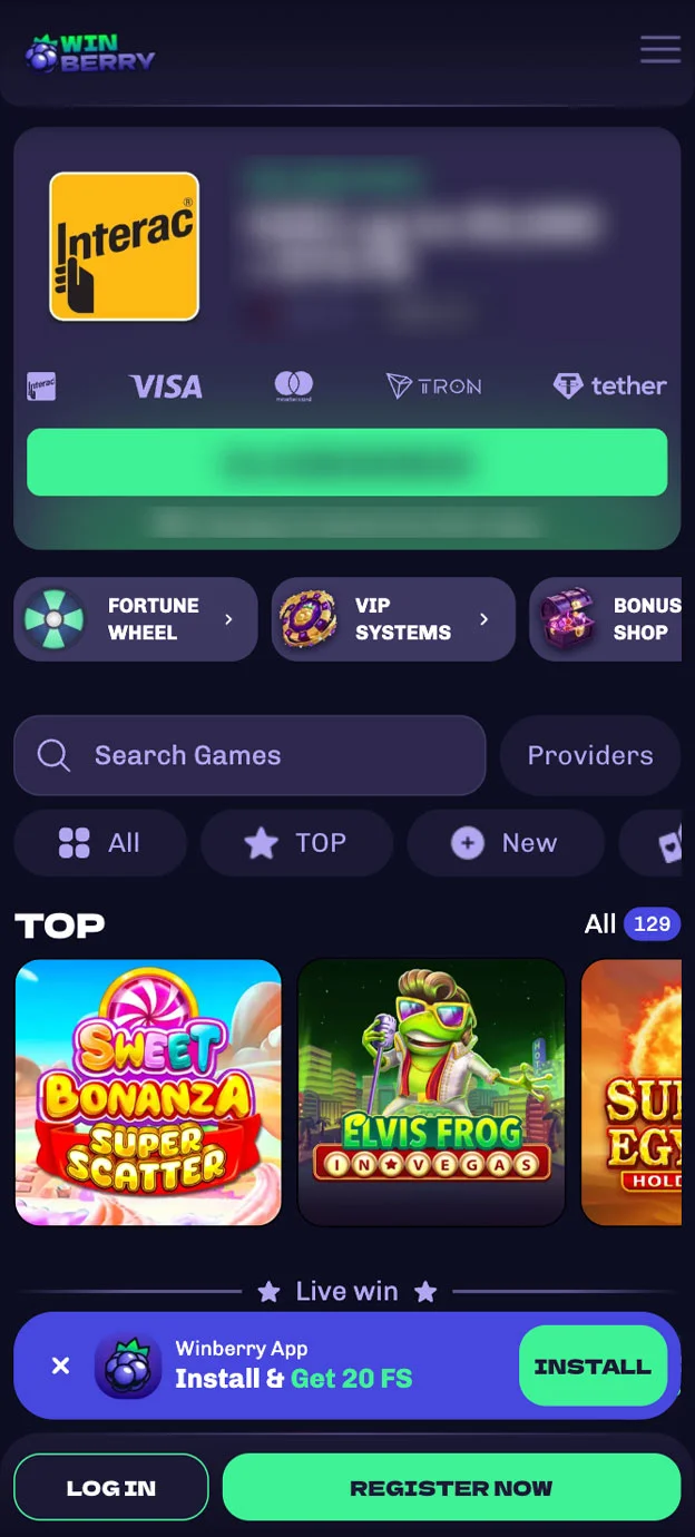 Winberry Casino Homepage Mobile Device View
