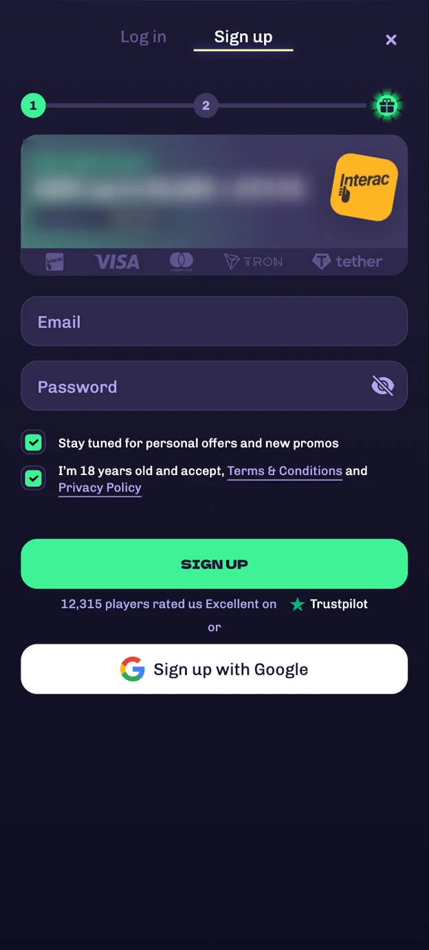 Winberry Casino Registration Form Step 1 Mobile Device View