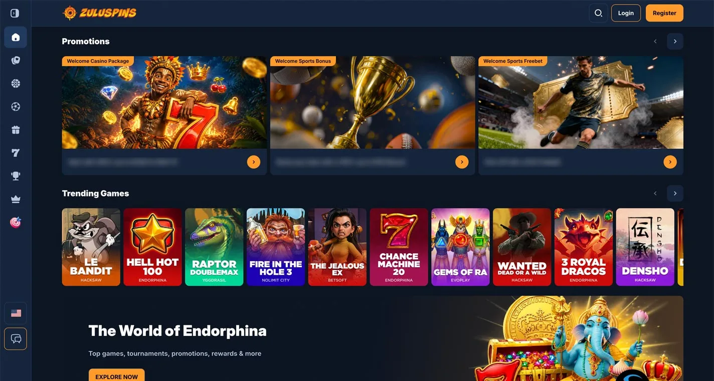 ZuluSpins Casino Homepage Desktop Device View