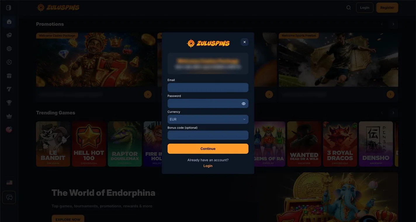 ZuluSpins Registration Form Step 1 Desktop Device View