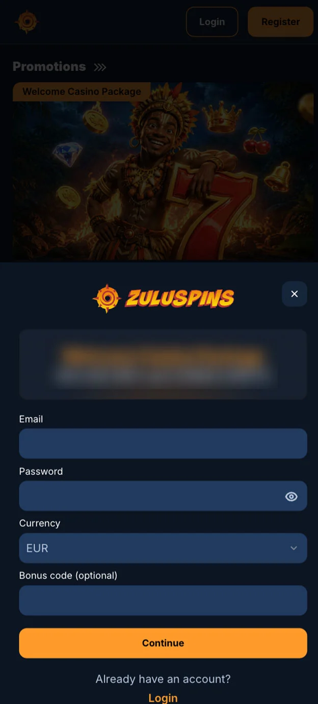 ZuluSpins Registration Form Step 1 Mobile Device View