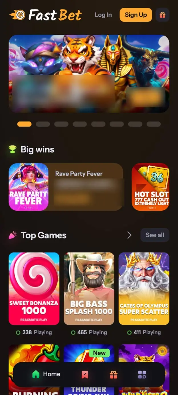 FastBet Casino Homepage Mobile Device View