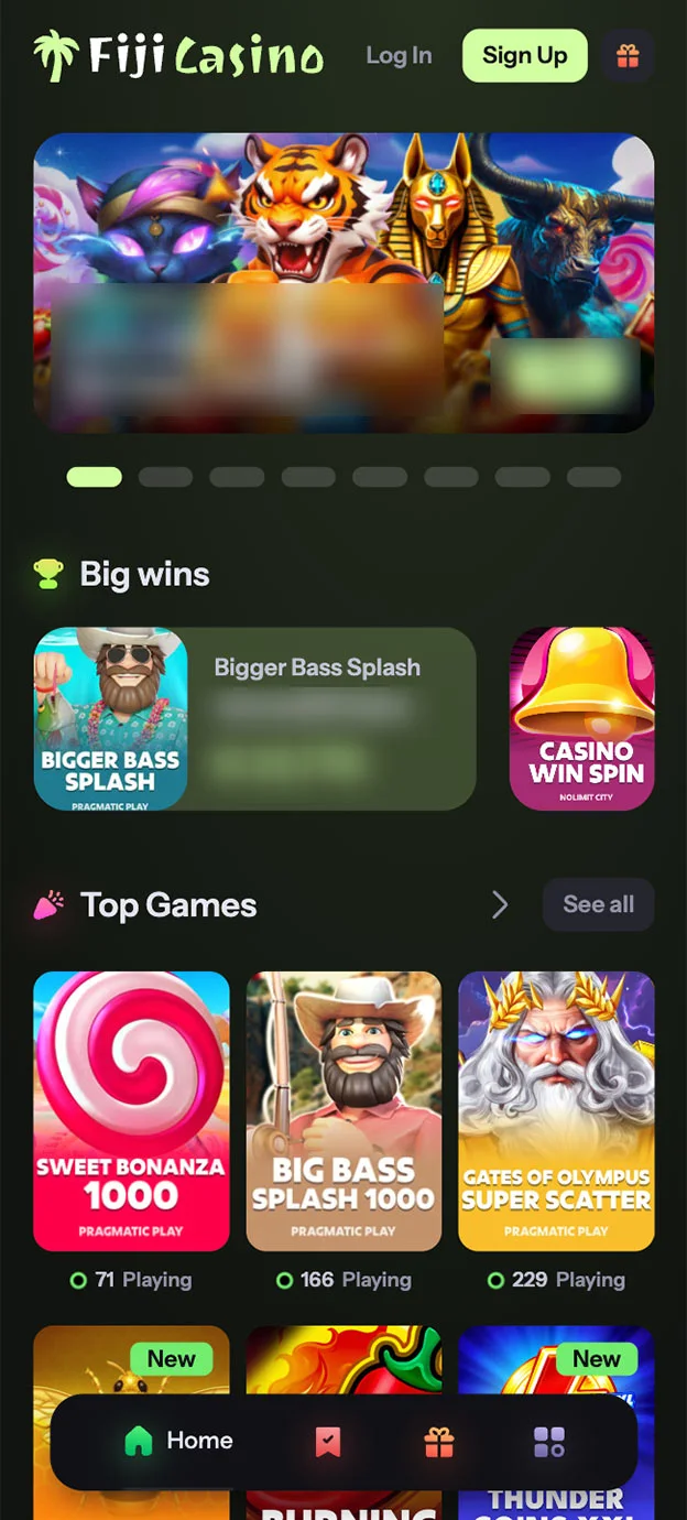 FijiCasino Casino Homepage Mobile Device View