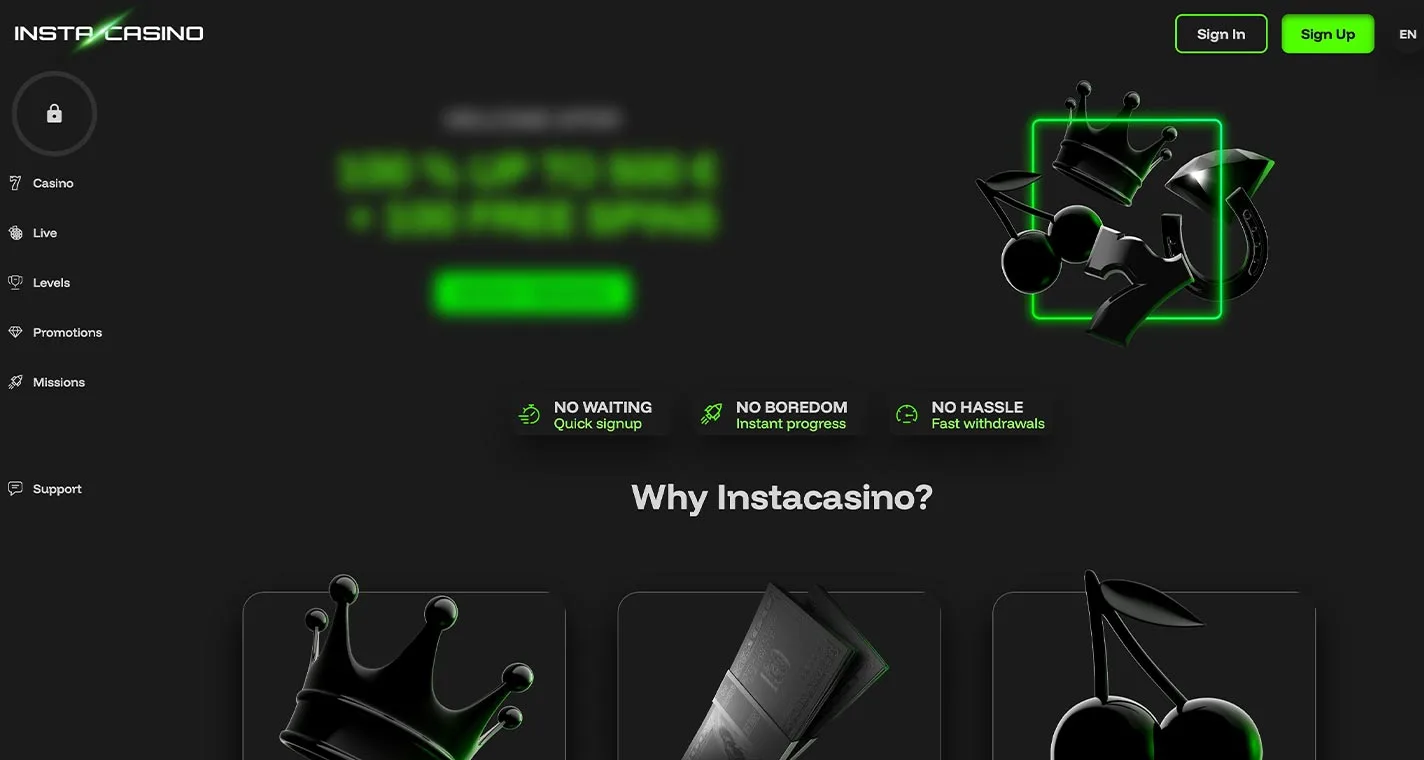 Instacasino Casino Homepage Desktop Device View