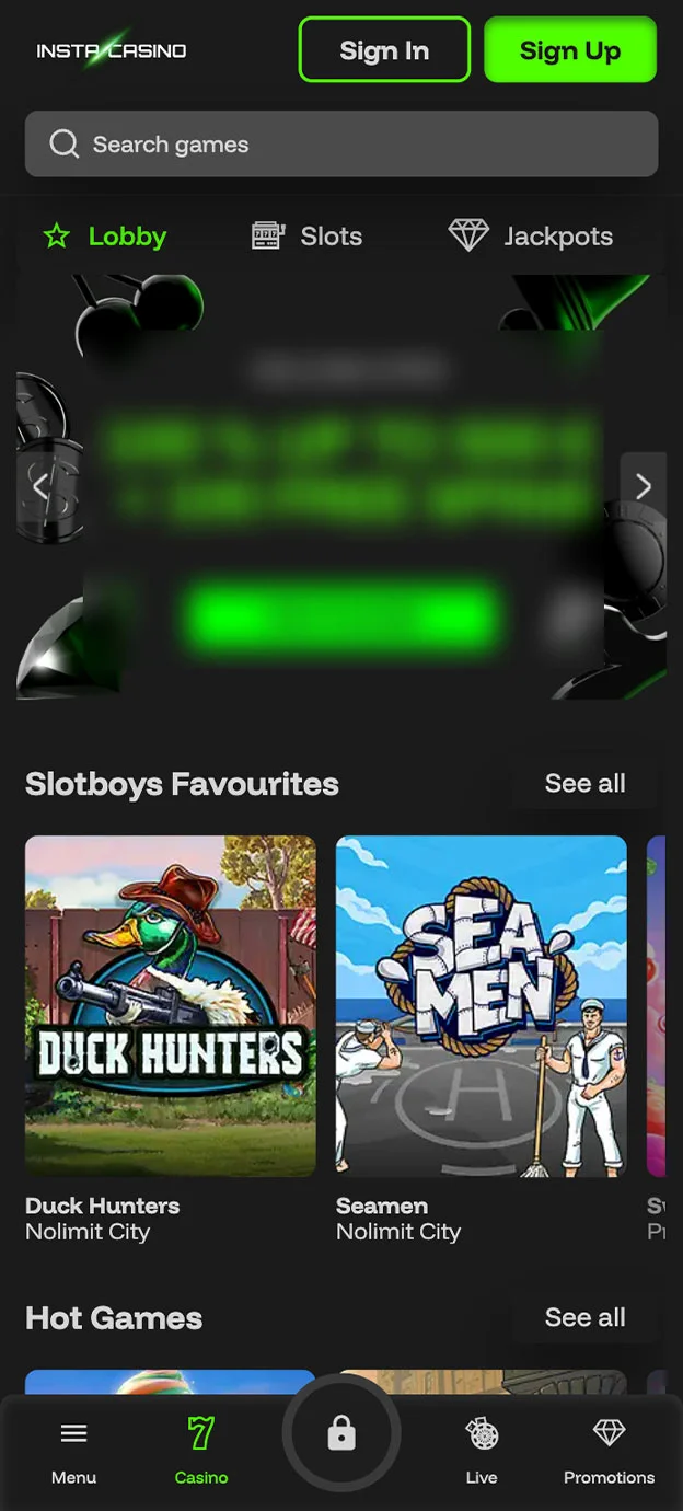 Instacasino Casino Homepage Mobile Device View