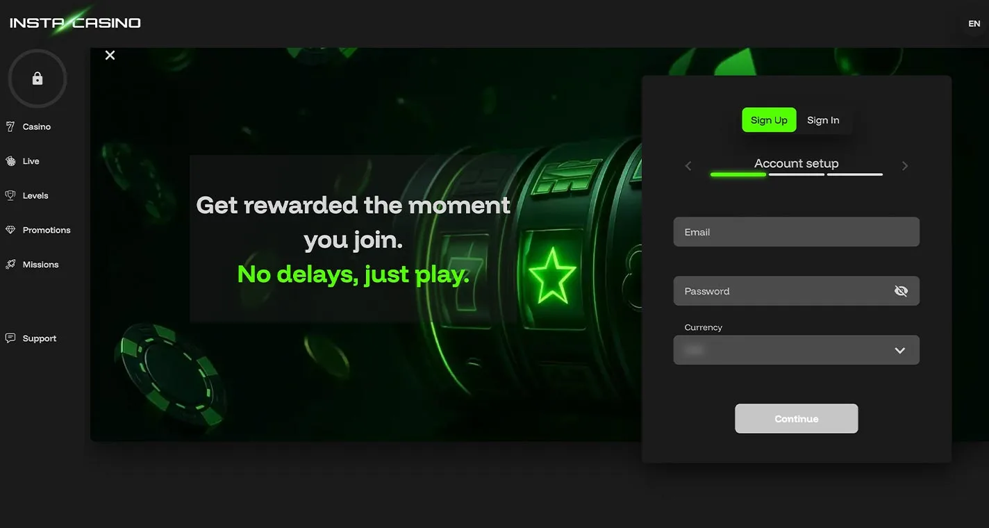 Instacasino Casino Registration Form Step 1 Desktop Device View