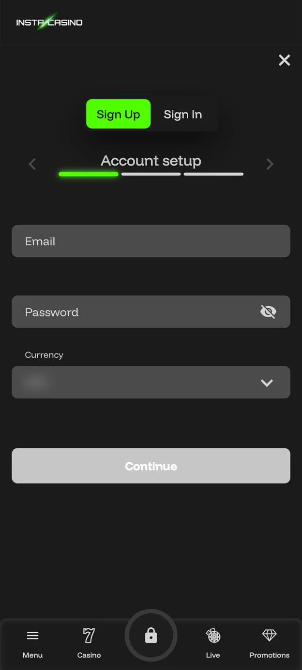 Instacasino Casino Registration Form Step 1 Mobile Device View