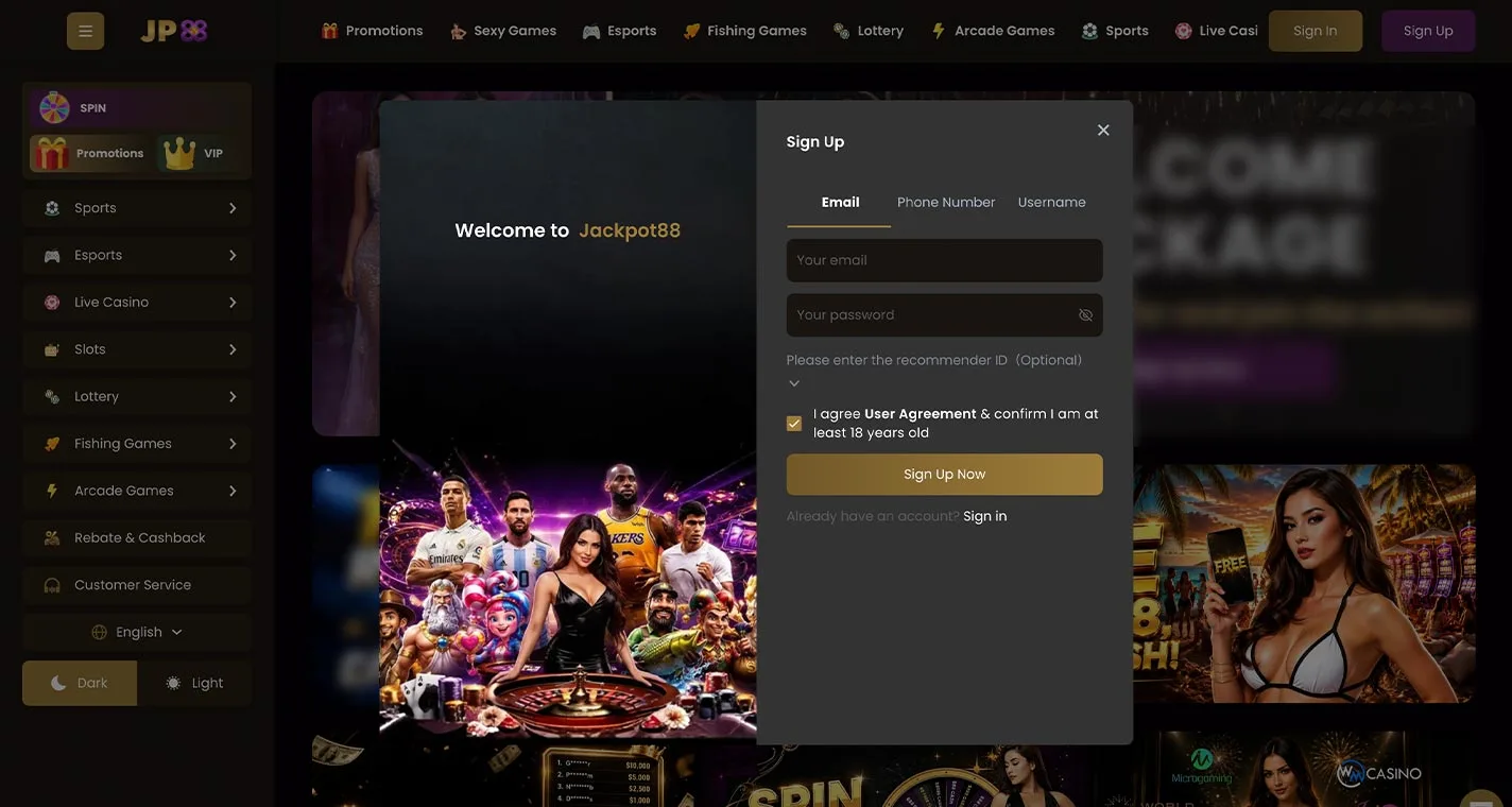 Jackpot88 Casino Registration Form Step 1 Desktop Device View