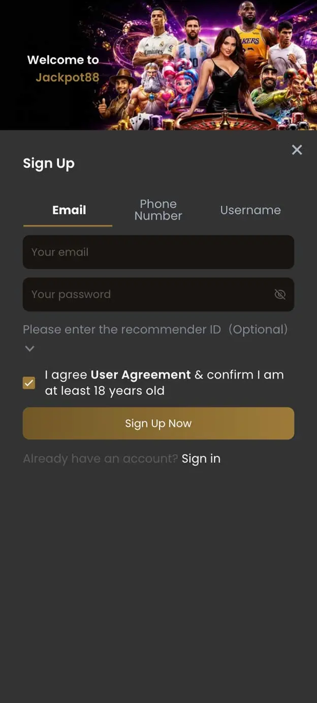 Jackpot88 Casino Registration Form Step 1 Mobile Device View