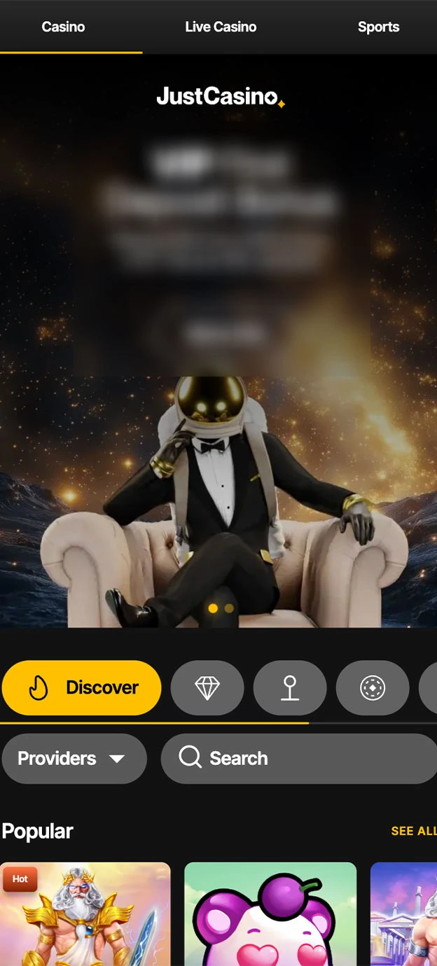 Just Casino Homepage Mobile Device View