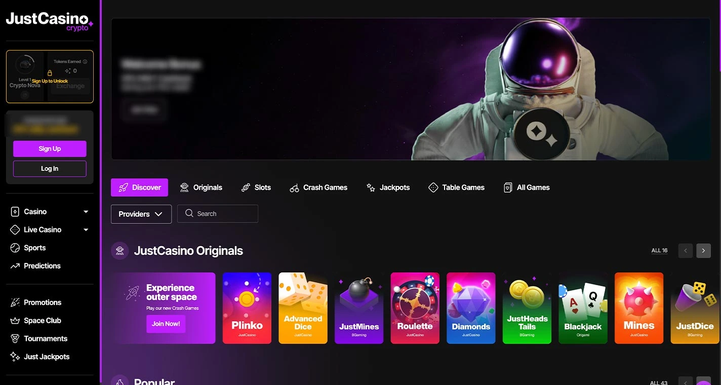 JustCasino io Casino Homepage Desktop Device View