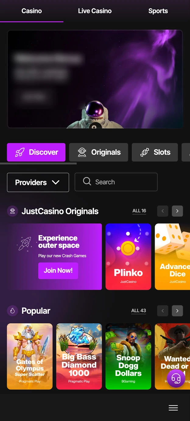 JustCasino io Homepage Mobile Device View