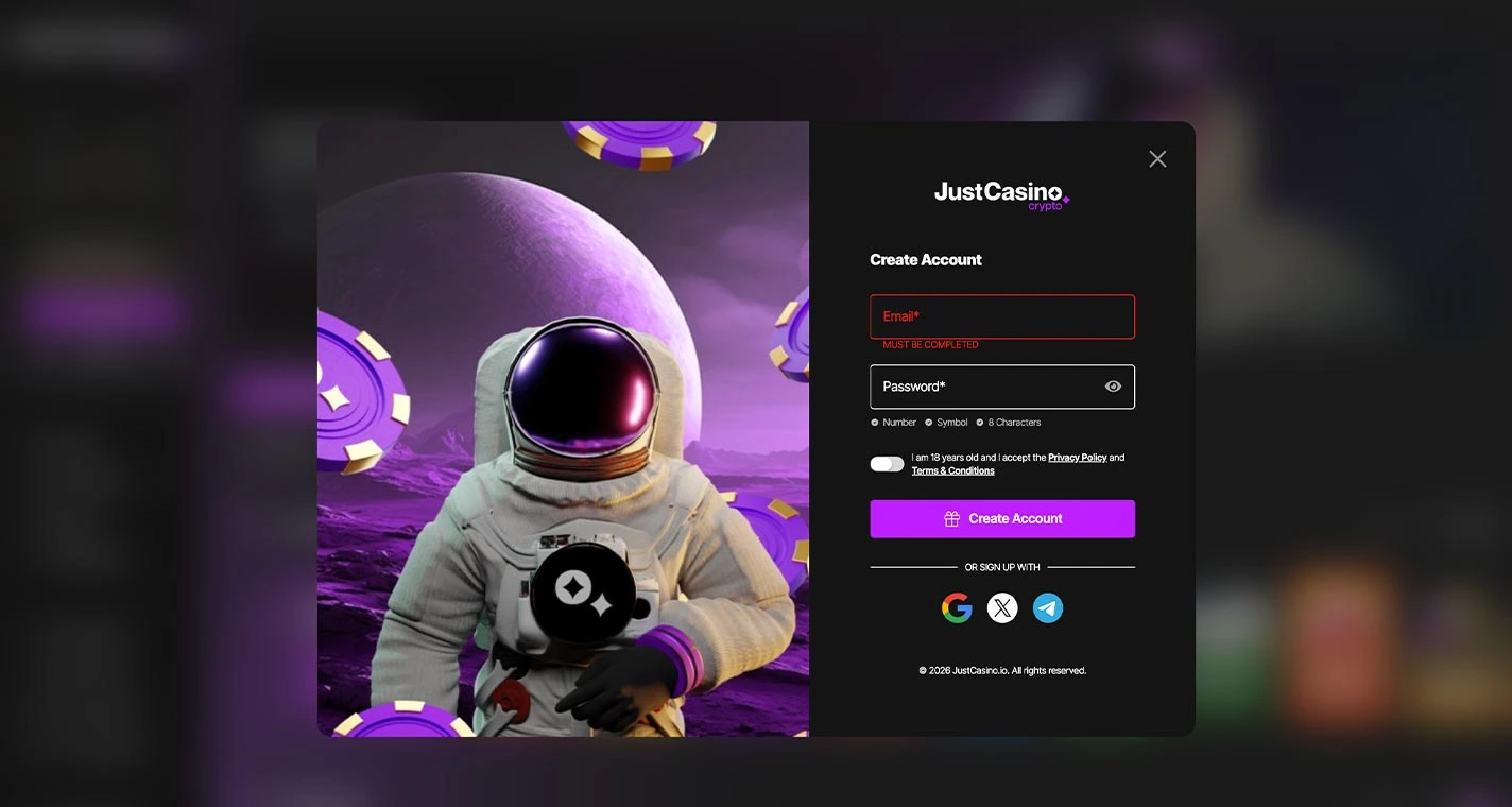 JustCasino io Registration Form Step 1 Desktop Device View