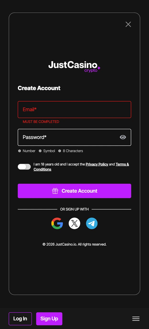 JustCasino io Registration Form Step 1 Mobile Device View