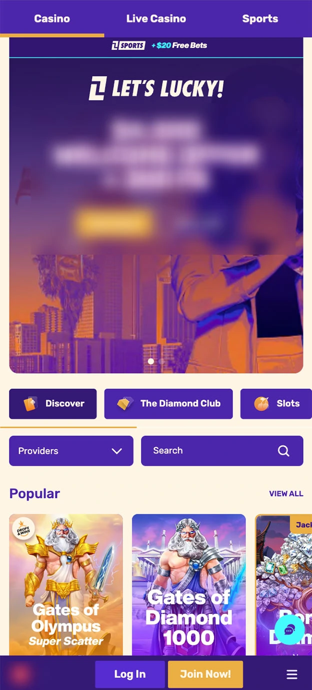 Lets Lucky Casino Homepage Mobile Device View
