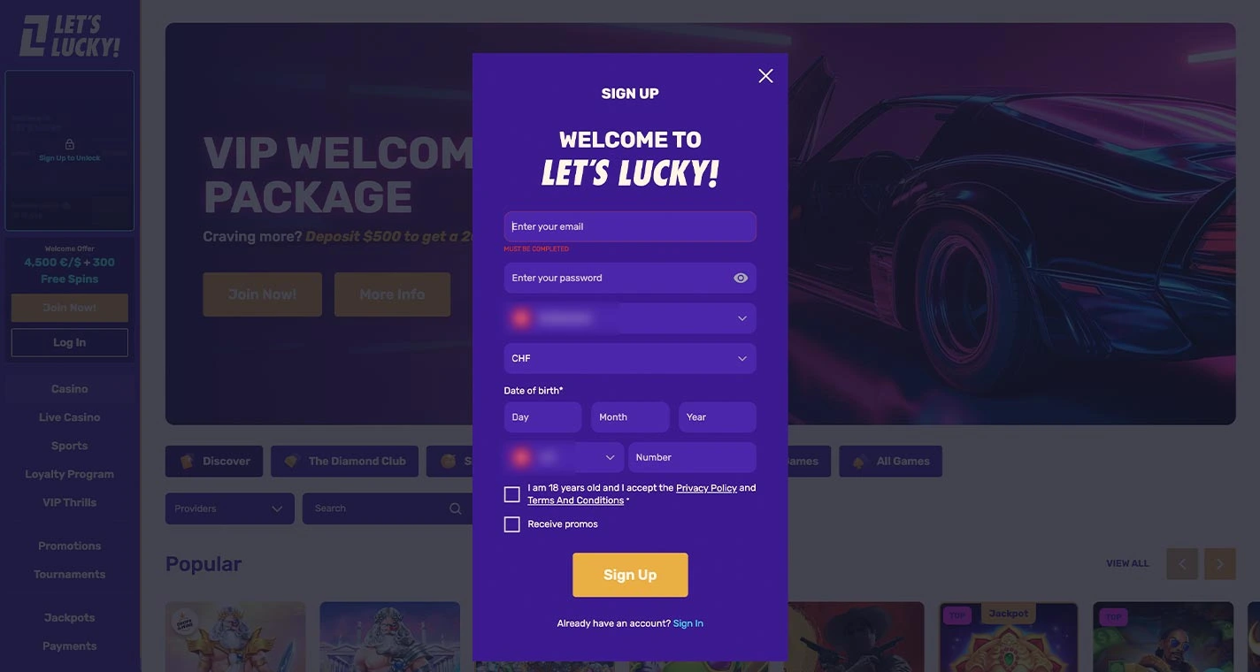 Lets Lucky Casino Registration Form Step 1 Desktop Device View