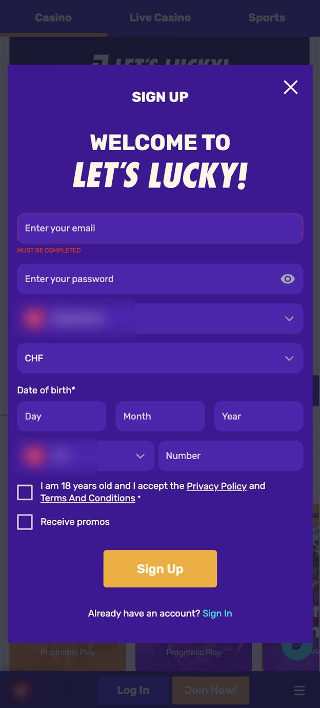 Lets Lucky Casino Registration Form Step 1 Mobile Device View