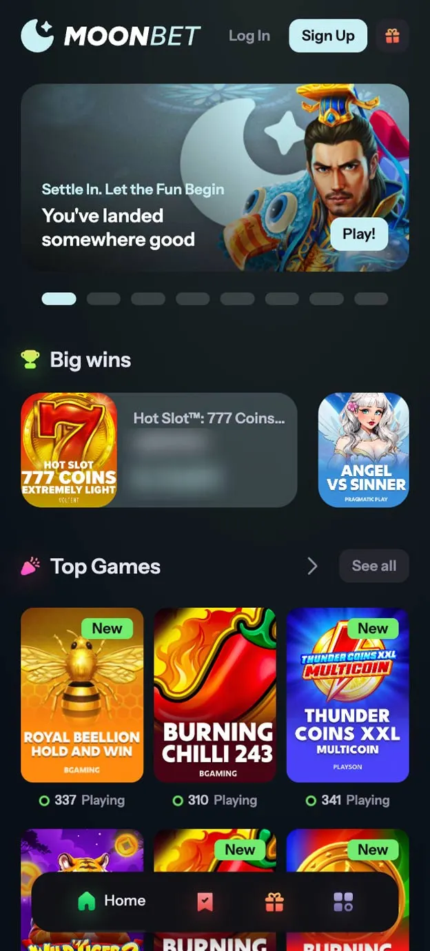 MoonBet Casino Homepage Mobile Device View