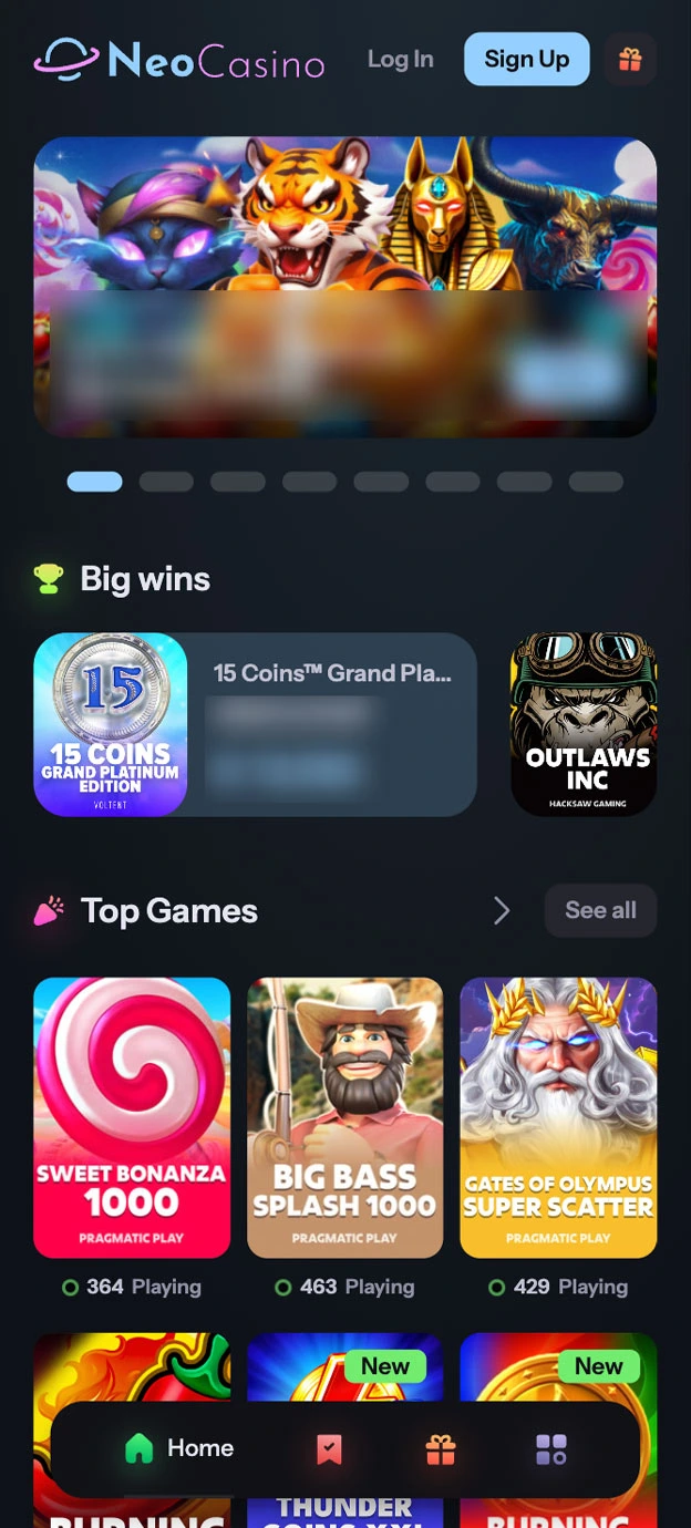 NeoCasino Casino Homepage Mobile Device View