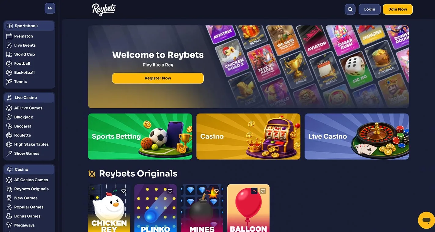 Reybets Casino Homepage Desktop Device View