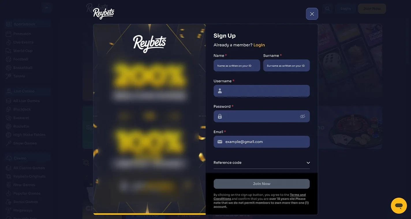 Reybets Casino Registration Form Step 1 Desktop Device View
