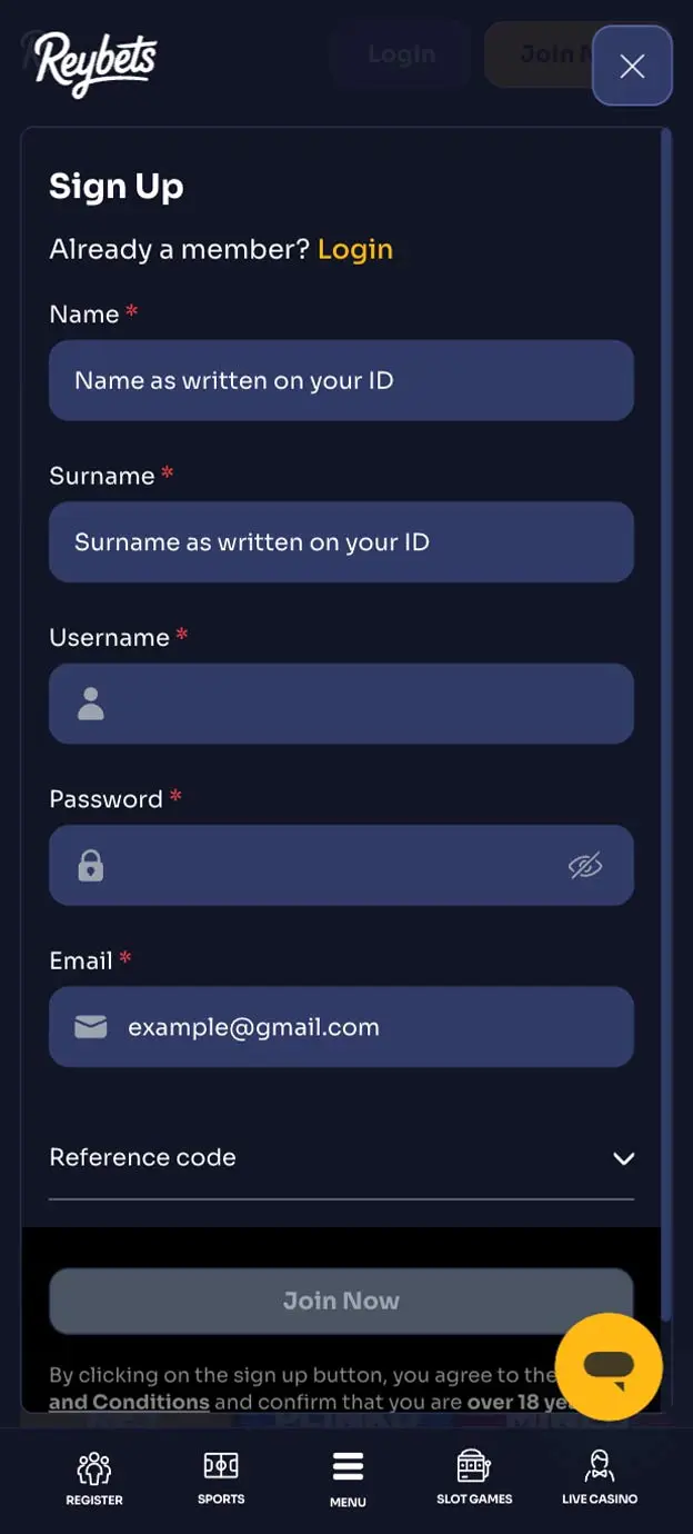 Reybets Casino Registration Form Step 1 Mobile Device View