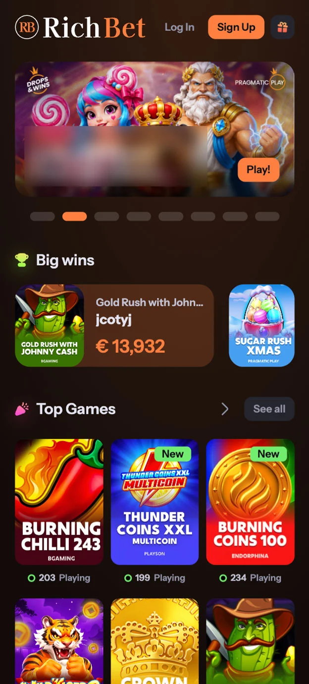 RichBet Homepage Mobile Device View