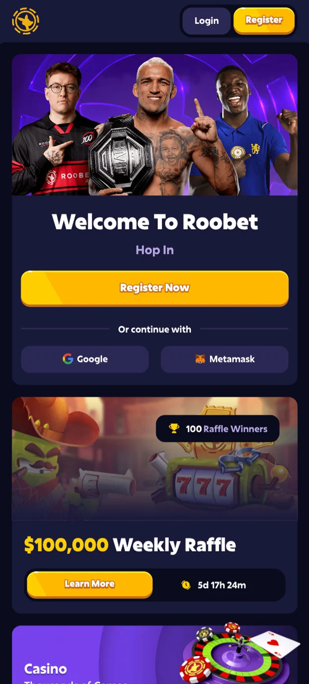 Roobet Homepage Mobile Device View