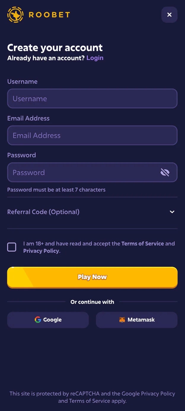 Roobet Registration Form Step 1 Mobile Device View