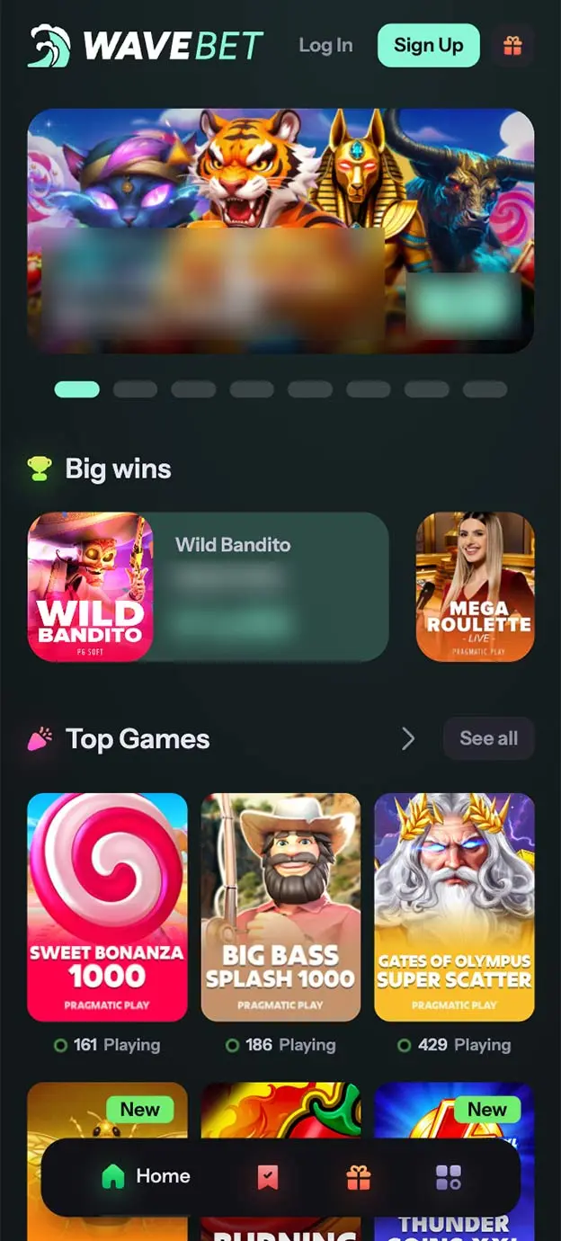 WaveBet Casino Homepage Mobile Device View