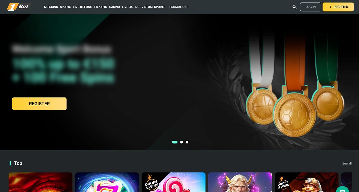 1Bet Casino Homepage Desktop Device View