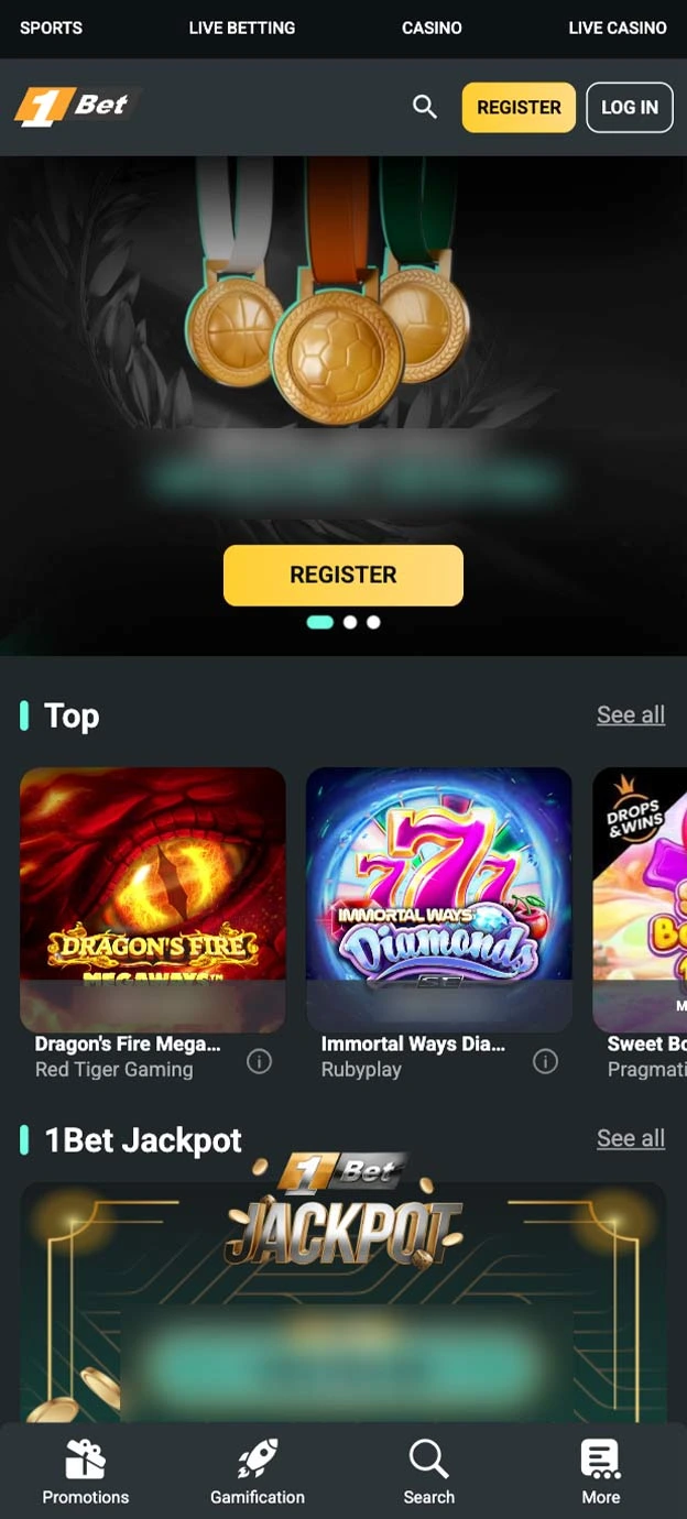 1Bet Casino Homepage Mobile Device View