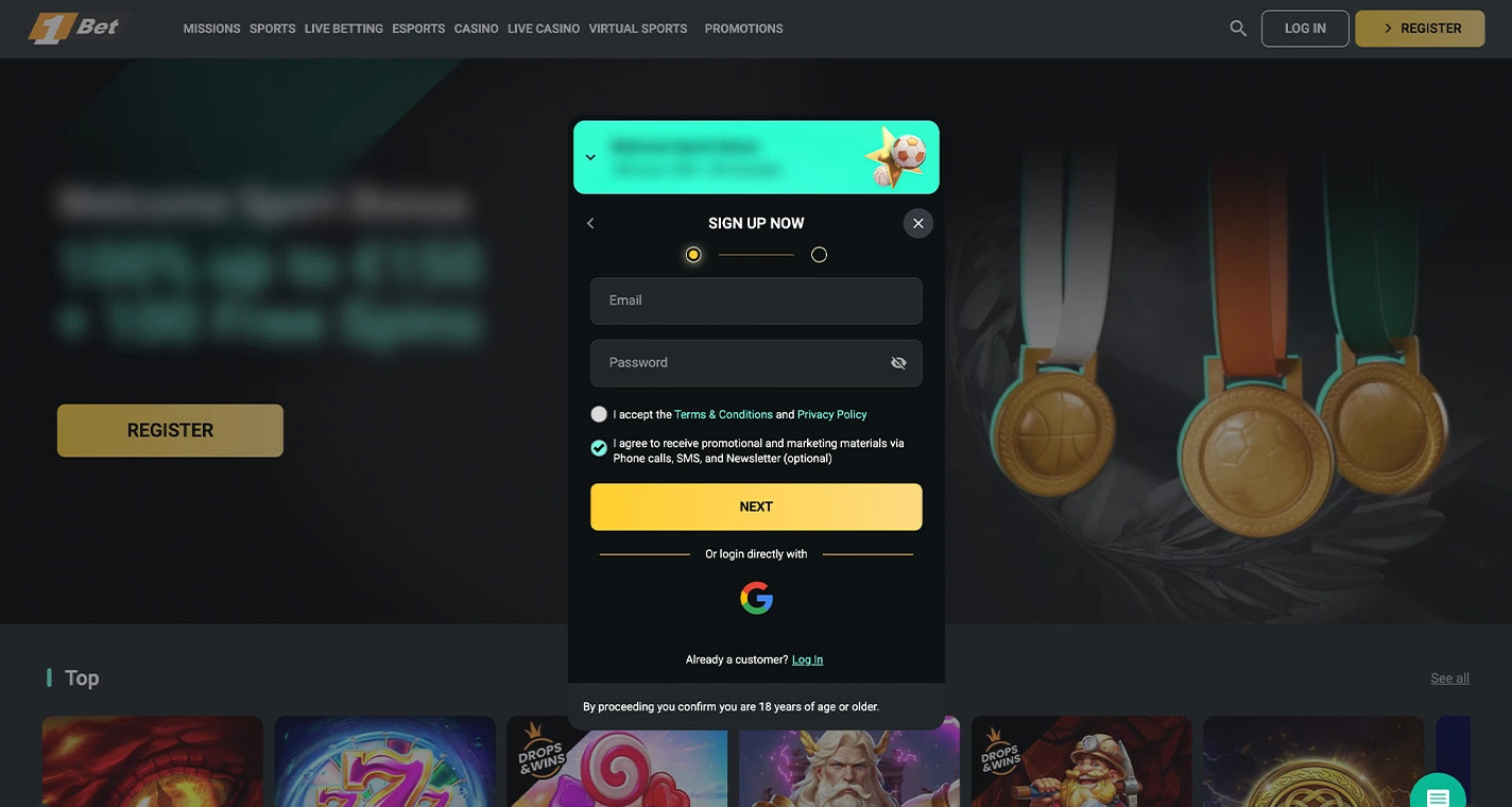 1Bet Casino Registration Form Step 1 Desktop Device View