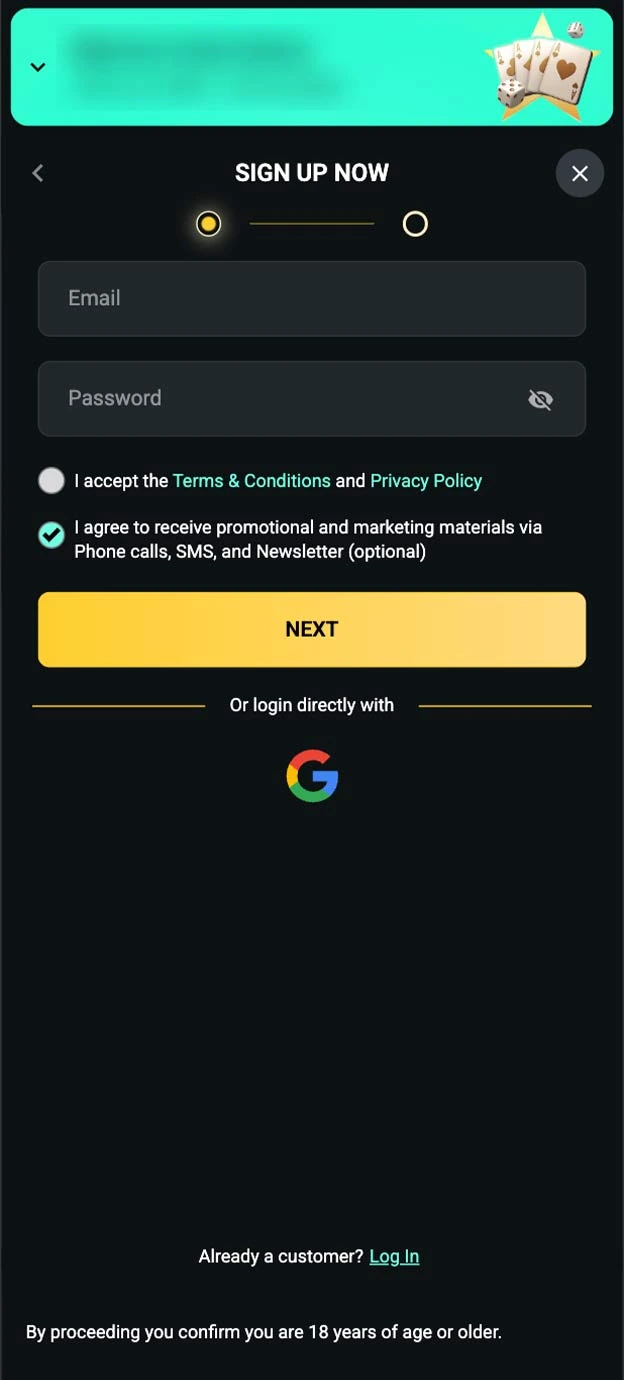 1Bet Casino Registration Form Step 1 Mobile Device View