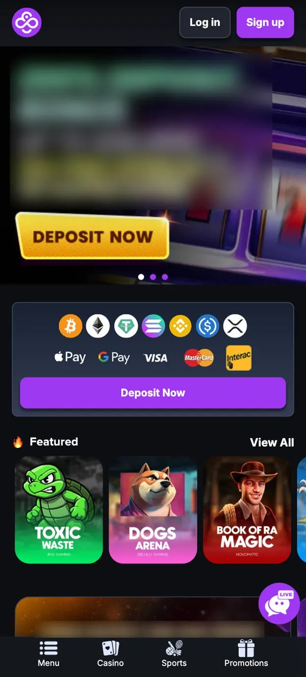 CoinCasino Casino Homepage Mobile Device View