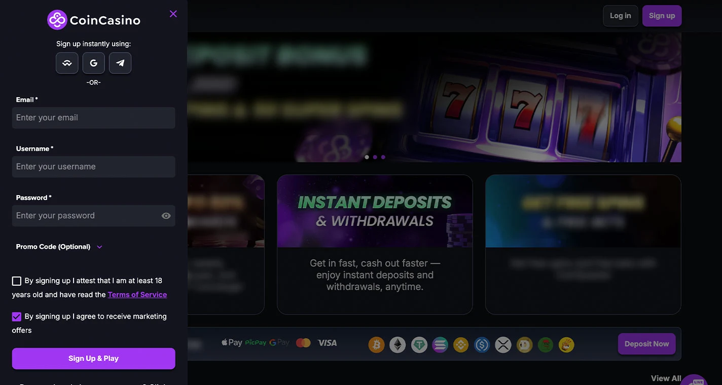 CoinCasino Casino Registration Form Step 1 Desktop Device View