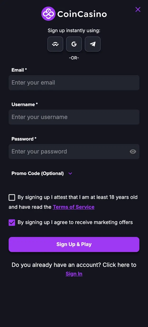 CoinCasino Casino Registration Form Step 1 Mobile Device View