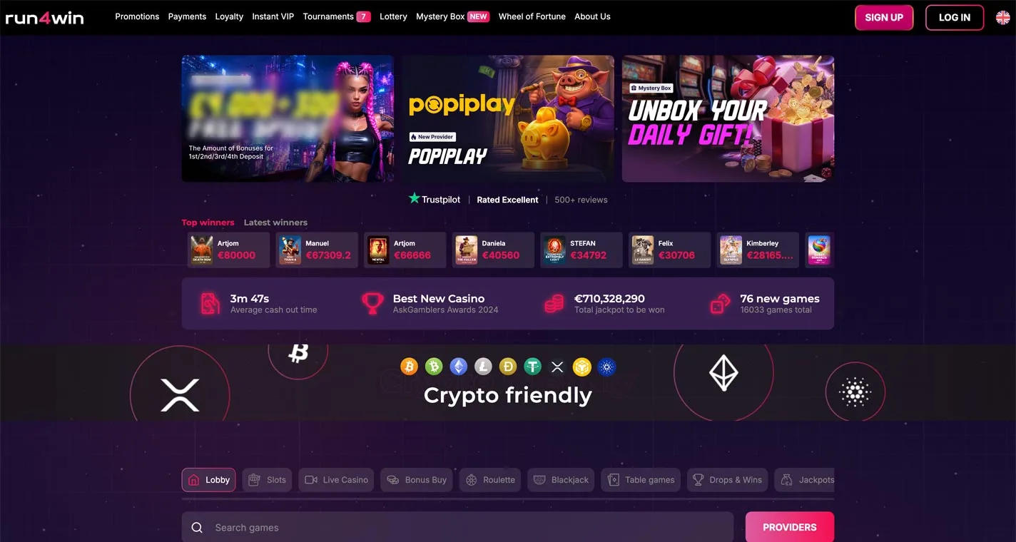 Run4Win Casino Homepage Desktop Device View
