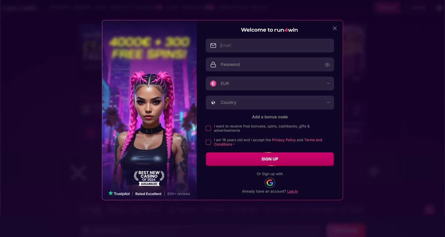 Run4Win Registration Form Step 1 Desktop Device View