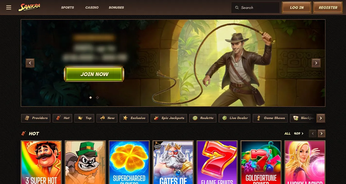 Sankra Casino Homepage Desktop Device View
