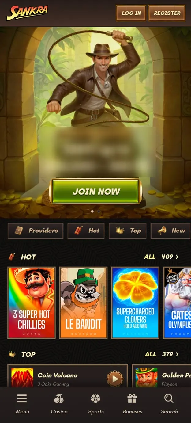 Sankra Casino Homepage Mobile Device View