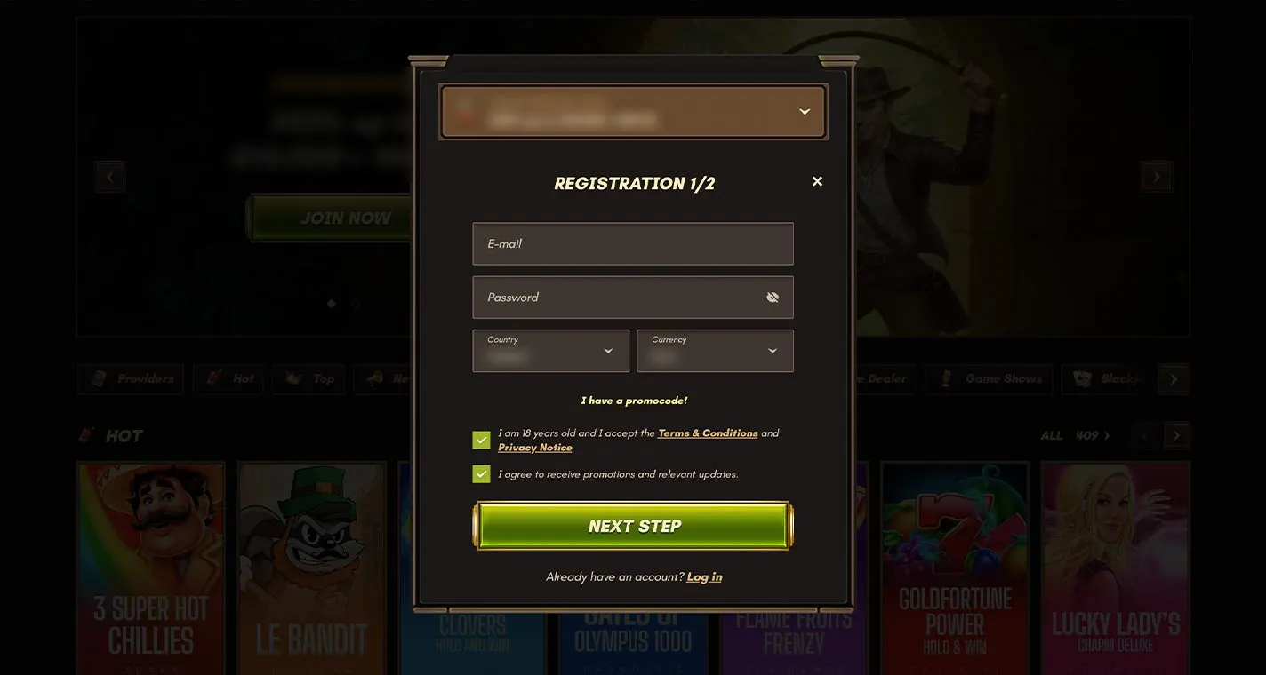 Sankra Casino Registration Form Step 1 Desktop Device View