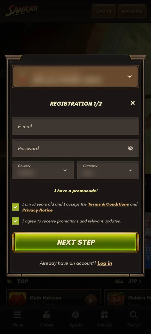 Sankra Casino Registration Form Step 1 Mobile Device View